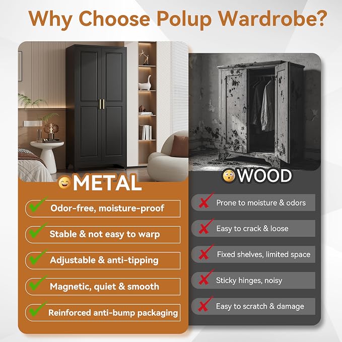 Polup 71" Metal Armoire Wardrobe Closet with Doors and Adjustable Shelves | Freestanding Tall Clothing Storage Cabinet, Heavy Duty, Hanging Rod, Magnetic Closure, for Bedroom, Office, Garage, Black