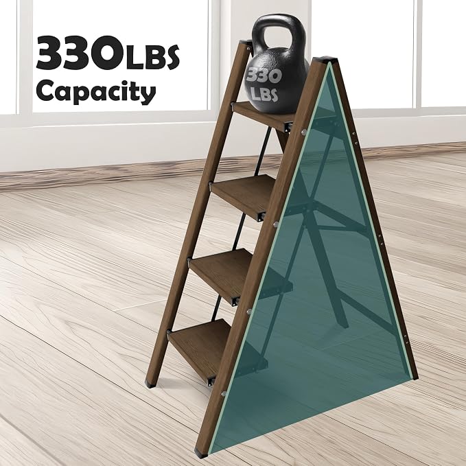Taranta 4 Step Stool Foldable,Aluminum Step Ladder-Walnut | Lightweight,Wide Anti-Slip Pedals,Folding Step Stool,330lbs Capacity Stepladder for Household,Kitchen,Office