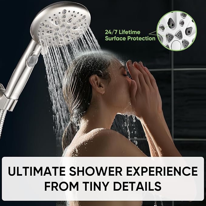 Cobbe 9 Spray Modes Handheld Shower Head, Water-Saving, Brushed Nickel | Power Rinse, 1-Click Pause & Flow Control, 6ft Stainless Steel Hose, Adjustable Brass Bracket
