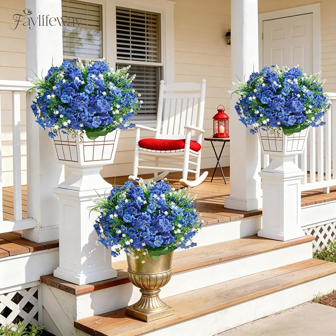 16 Bundles UV Resistant Silk Artificial Outdoor Flowers for Window Box | Mixed Color Realistic Anti-Fade Faux Flowers for Outside Planters,Garden,Porch,Patio,Yard,Home Decor(Blue)