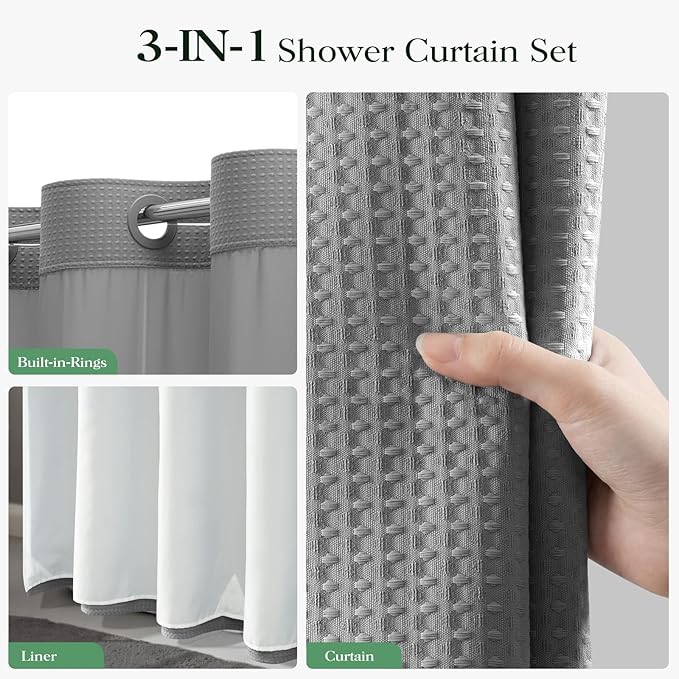 Grey Hook Free Waffle Shower Curtain & Snap-in Fabric Liner,72x75 | Less Time to install, 3 in 1 Fabric Shower Curtain and Liner Set with Magnets, Mesh Top Window, Shower Curtains for Bathroom