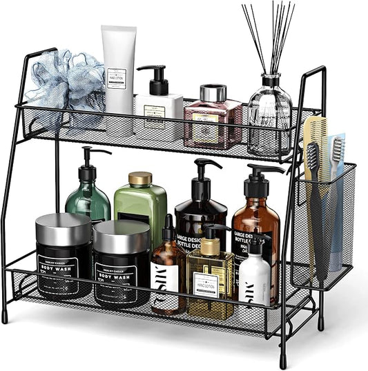Bathroom Organizer Countertop, Spice Rack Organizer for Cabinet,Black | 2-Tier Bathroom Counter Organizer,Vanity Organizer Corner Shelf with Small Basket for Sink,Kitchen,Bedroom,Living room,Office