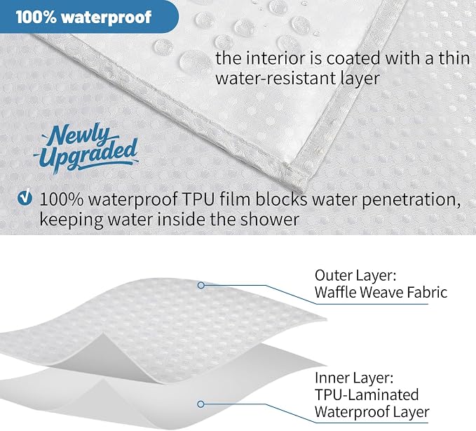 2-in-1 Waterproof Fabric Shower Curtain - No Separate Liner Needed, Hotel-Style Waffle Weave, Effortless Cleaning & Washable Bathroom Shower Curtain Set,48Wx72H,White