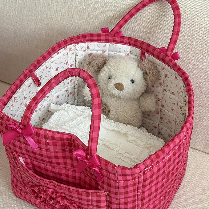 Storage Basket Boho Fabric Large Collapsible Floral Laundry Nursery Hamper Portable Folding Storage for Clothes Toys (Rose Red Plaid)
