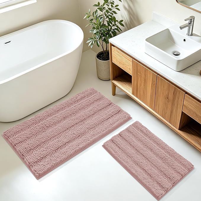 Striped Dusty Pink Bathroom Rug Mat Set 2 piece 32"x20"+24"x17" Ultra Soft, Non Slip Chenille Bath Rugs, Absorbent Plush Shaggy Bath Mats for Bathroom, Bedroom, Kitchen, Shower, Tub