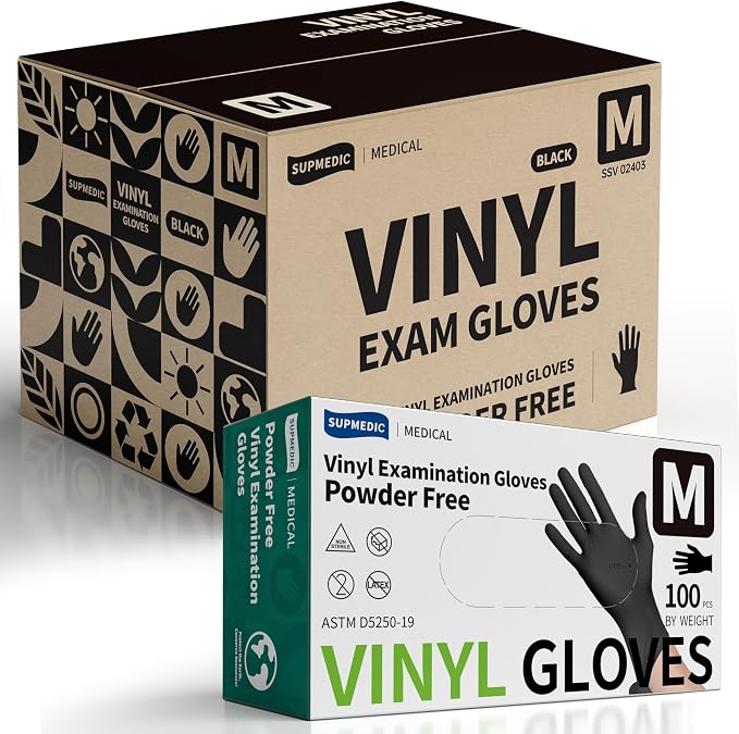 Vinyl Disposable Exam Gloves, Black 4Mil Powder-Free Latex-Free Medical Food Safe Cooking Cleaning Glove 100 &1000Ct