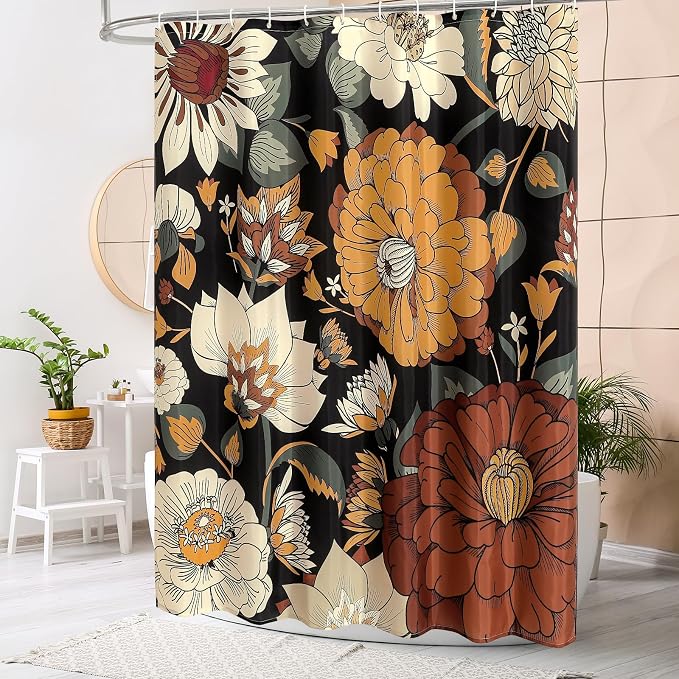 MitoVilla Boho Floral Shower Curtain, Tropical Leaves Fabric Cloth Shower Curtains for Chic Morden Bathroom Decor, Mid-Century Abstract Colorful Flower Shower Curtain, 72x72