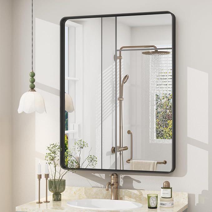CHAMROR 24x32 Inch Black Metal Framed Bathroom Mirror for Wall | Rounded Rectangle Mirror, Matte Black Bathroom Vanity Mirror, Anti-Rust, Tempered Glass, Hangs Horizontally or Vertically