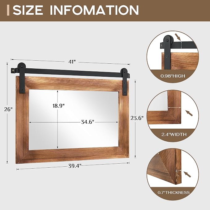 COGOOD Farmhouse Barn Door Mirror - 41" x 26" Rustic Wood Framed Wall Mirror for Bathroom, Living Room, Bedroom Wall Decor (Brown) | Farmhouse Barn Door Wood Framed Vanity Mirror for Entryway, Living Room, Bedroom, Dresser Wall Decor