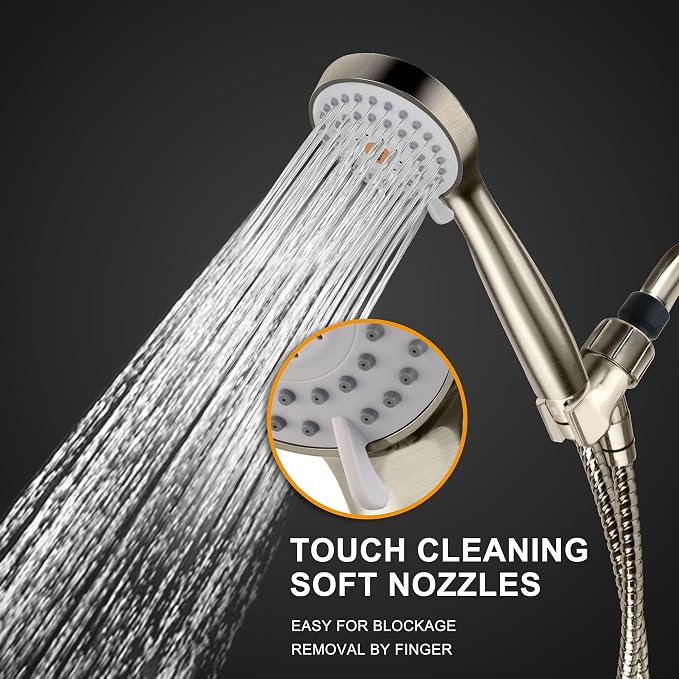 YOO.MEE High Pressure Handheld Shower Head, Power Boost Resists Low Flow | Against weak pressure, pulsating for deep rinsing, with 79 inch stainless steel hose, rotatable mount arm, brushed nickel