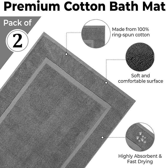 KAHAF COLLECTION Bath Mat Floor Towel Set - Absorbent Cotton Hotel Spa Shower/Bathtub Mats [Not a Bathroom Rug] (Dark Grey, 2 Pack (16"x24"))