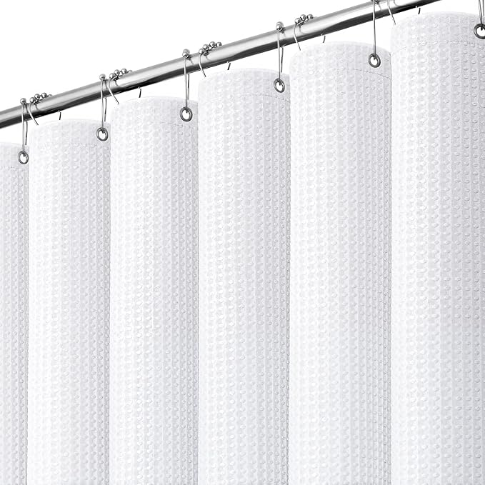 Stall Waffle Shower Curtain 256 GSM Heavy Fabric 54x78 White | 54 x 78 Inch Long, Thick Polyester Cloth, Weighted Hem, Water Repellent, Washable, Hotel Bathroom Shower Curtain Set 10 Hooks