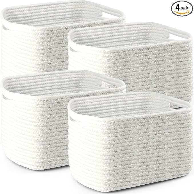 4 Pack Storage Baskets for Organizing, 11''Lx9''Wx8''H Woven Baskets for Storage Toys, Towels, Books, and Clothes, Cotton Rope Basket for Shelves with Handle
