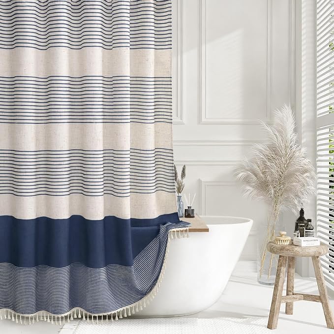 Navy Blue Coastal Ocean Linen Striped Shower Curtain with Tassel 48W X 72L | Boho Farmhouse Shower Curtains with Linen Texture for Bathroom Decor