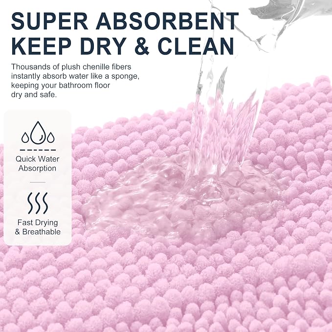 Smiry Thick Chenille Bathroom Runner Rugs 44x24, Absorbent Bath Mat, Pink | Quick‑Dry & Machine Washable, Non‑Slip Bath Carpet, Soft Striped Bath Rugs for Tub & Shower, Modern Home Decor Accessories