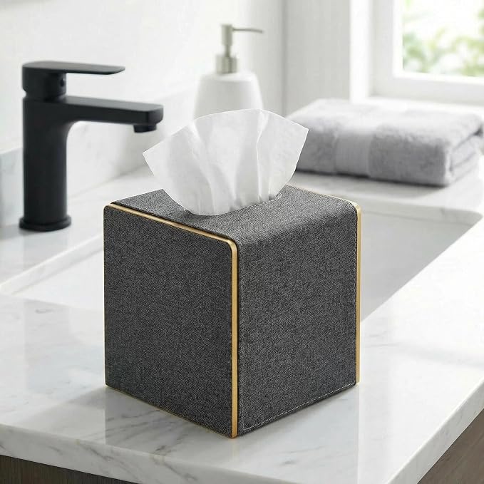 PU Leather Square Tissue Box Cover, Linen Tissue Box Holder with Magnetic Closure, Decorative Modern Cube Tissue Box for Bathroom Vanity Countertop Bedroom Office Desk (Gray)
