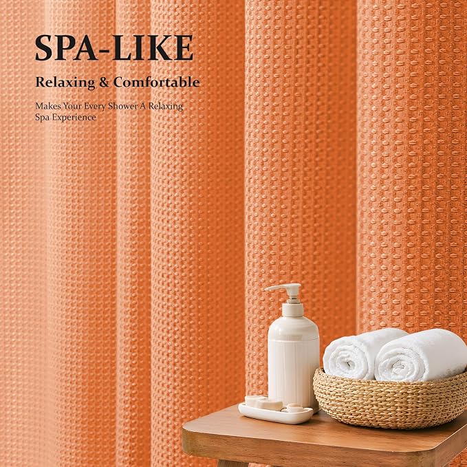 Extra Long Waffle Shower Curtain 256 GSM Fabric 72x84 Burnt Orange | 84 Inch Long, Thick Polyester Cloth, Weighted Hem, Water Repellent, Washable, Tall Hotel Bathroom Shower Curtain Set 12 Hooks