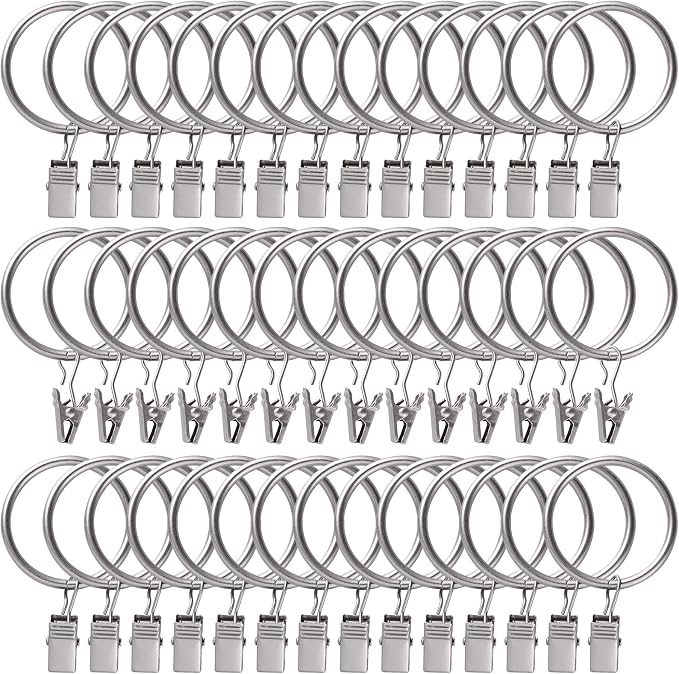 Lansian 44 Pack Curtain Rings with Clips Hooks 1.26 in Diameter Rustproof | Metal Stainless Steel Drapery Rings for Tension Rod Bracket Eyelets Decorative Hanger, Fits 1 in Rods, Matte Silver