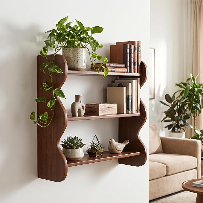 KACIA & CO. 3-Tier Floating Shelf, 100% Solid Pine Wood Rustic Wall Mounted | 10-min quick install, tool-free assembly, 100% Solid pine, moisture resistant. Ideal for living room, bedroom, kitchen.