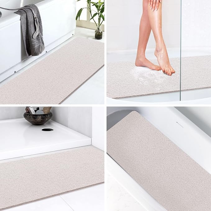 LuxStep Shower Mat Bathtub Mat Non-Slip Bath Mat with Drain, Quick Drying | 47x16 inch PVC Loofah Bathmat for Tub,Shower,Bathroom,White