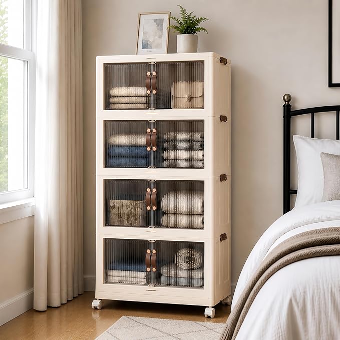 SAILUN 464Qt Stackable Storage Bins,Storage Cabinet a Lid,4Pack Blush White | Stackable Storage Drawers with Lids,26" W x 17" D x 56.7" H,Featuring open-front Access for Clothes and Closet Storage