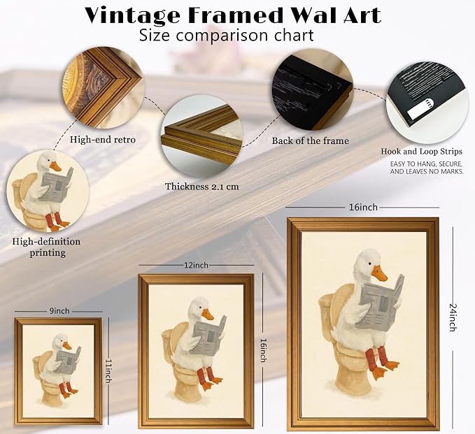 Vintage Gold Framed Duck Bathroom Wall Art Funny Animals on the Toilet Pictures Kids Bathroom Canvas Wall Decor Beige Cute Animal Painting Print Artwork for kids Room Restroom Bathroom，9X11in
