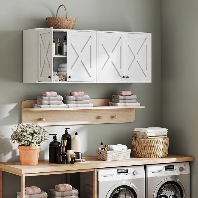 YOURLITE Laundry Cabinet, Medicine Cabinet, Bathroom Kitchen Storage Wall Mounted Farmhouse Organizer with Shelves Over Toilet, One Set of 2 Pieces X 24", White