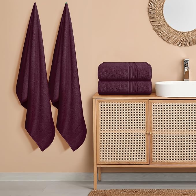 4 Pack Bath Towel Set 27x54, 100% Ring Spun Cotton, Ultra Soft Highly Absorbent Machine Washable Hotel Spa Quality Bath Towels for Bathroom, 4 Bath Towels - Burgundy