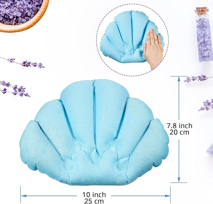 3 Pieces Inflatable Bath Pillow with Suction Cups, Terry Cloth Covered Shell Shape Bathtub Spa Pillow Comfortable Soft Cushion, Neck Support(Pink, Blue, White)