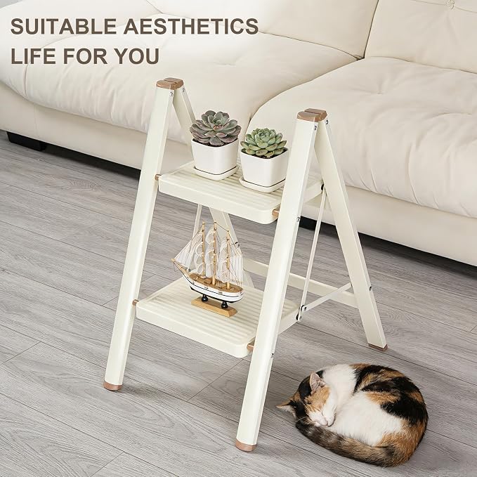 Valeo 2 Step Ladder,Lightweight Folding Step Stool with Wide Anti-Slip Pedal, 330LBS Capacity, Heavy Duty,Sturdy Iron Metal Step Stool for Home, Kitchen, Closet, Adults, Cream White