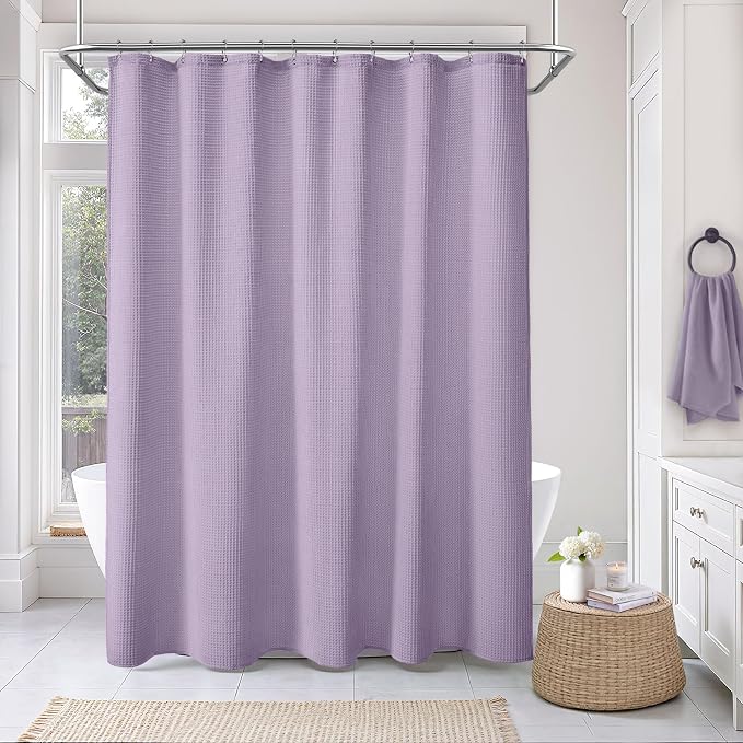 Waffle Weave Shower Curtain Heavyweight Cotton Fabric Lavender 72Wx72L | Soft Cotton Cloth,3D Square Truely Waffle Washable, Hotel Luxury Spa, Shower Curtain Set for Bathroom 12 Plastic Hooks