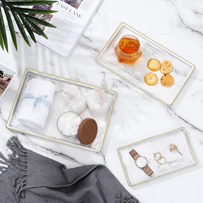 Luxspire Bathroom Vanity Tray Ceramic Jewelry Dish, M, Marble White | 11 x 6.3 inch Smooth matte ceramic, easy clean, anti-slip bottom, organize soap dispenser jewelry candles