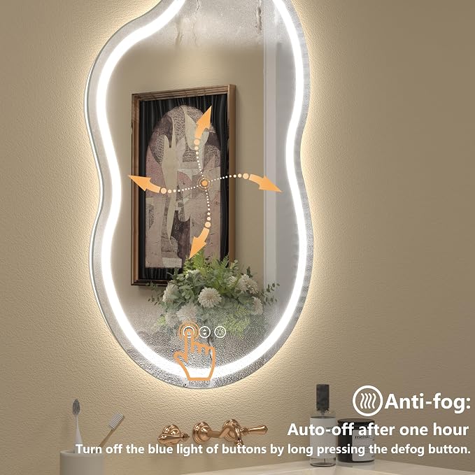 60x32 Inch Irregular LED Bathroom Mirror with Lights | Asymmetrical Lighted Vanity Mirror, Cloud Shape, Anti-Fog, Dimmable, Memory, 3 Colors, ETL Listed(Horizontal/Vertical)