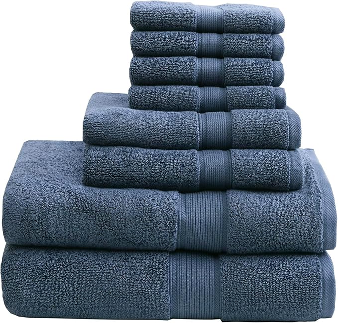 Madison Park 800GSM 100% Cotton Bathroom Bath Towel Set of 8, Blue | Long Staple, Highly Absorbent, Durable Hotel Spa Quality, Quick Dry, Double Stitched Hems, Lint Reducing, OEKO-TEX Certified
