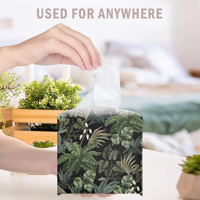 Tropical Leaves Decorative Square Leather Tissue Box Cover - Green Tissue Holder Gifts for Women Family and Friends on Birthday Housewarming - Home Decor Decorative for Bathroom Kitchen Office - A19
