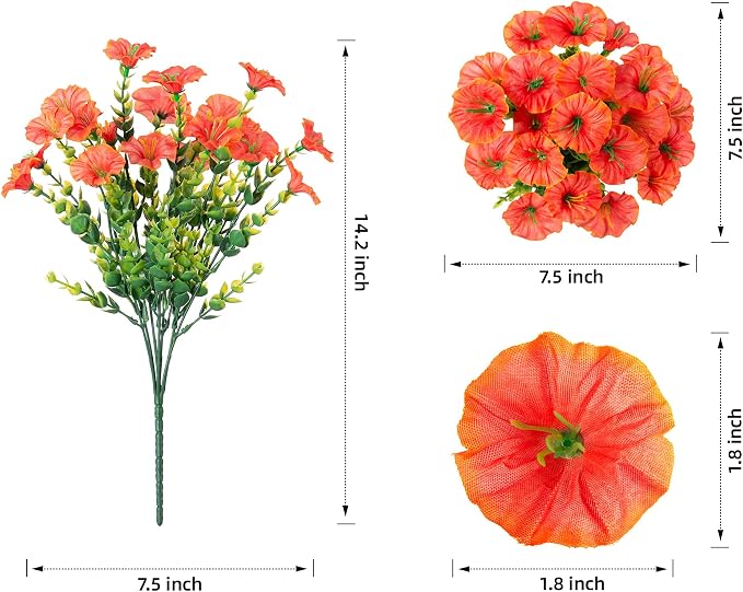Artificial Flowers for Outdoors Fake Plants Spring Summer Decor, 12 Bundles Orange Silk Morning Glory with Eucalyptus Look Real UV Resistant Faux Flowers for Outside Planters Front Door Yard Indoor