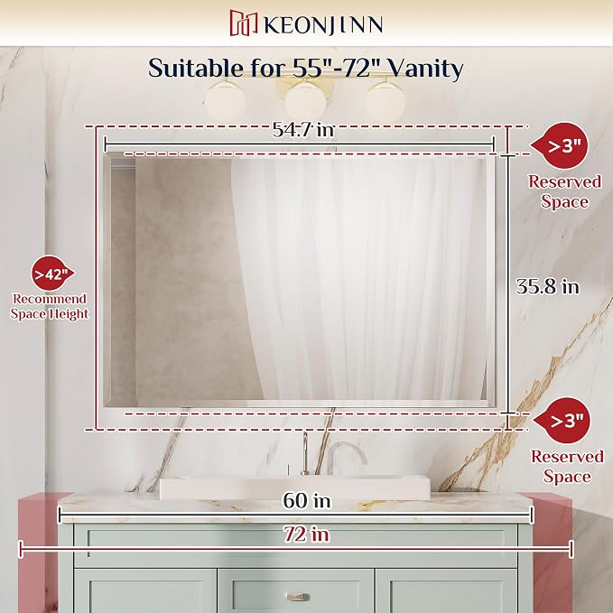 Keonjinn 55 x 36 Inch Beveled Bathroom Mirror with No Frame, Tempered Glass | Rectangle Mirrors for Over Sink, Wall Mirror Shatterproof, Modern Decorative for Living Room, Bedroom, Horizontal/Vertical