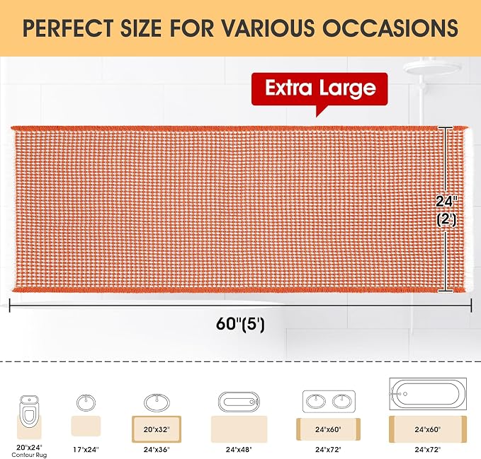 Waffle Bath Mat Orange & Cream 5'x2', Boho Woven Modern Bath Mat Rugs, Absorbent Non Slip Bathroom Rugs, Soft Washable Bath Rugs with Tassels for Bathroom, Bedroom, Kitchen, Shower, Tub