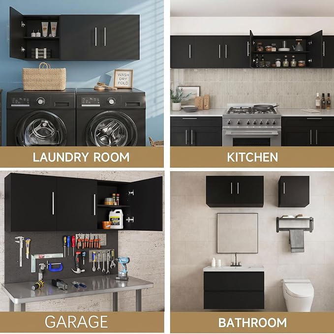 Laundry Wall Cabinet, 54"W x 12"D x 20"H Wooden Wall Mounted Storage Cabinet, 3 Door Cabinet with Soft Close and Metal Handle and Adjustable Shelf, for Kitchen, Garage, Laundry, Bathroom, Black