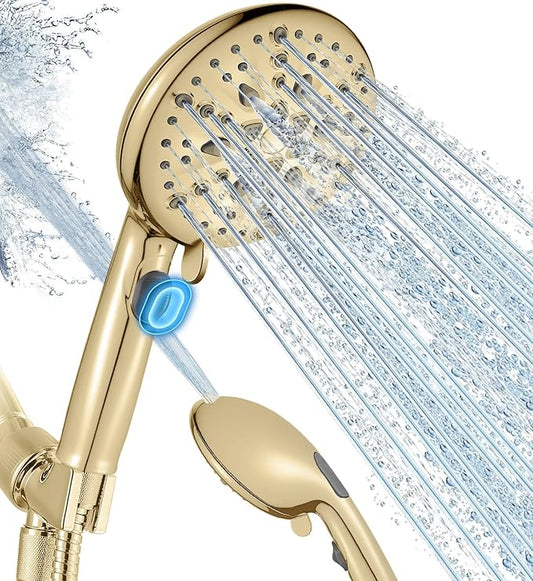 Cobbe 9 Spray Modes Handheld Shower Head, Water-Saving, Gold | Power Rinse, 1-Click Pause & Flow Control, 6ft Stainless Steel Hose, Adjustable Brass Bracket