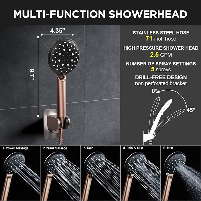 Veken Rose Gold 11.8" High Pressure Shower Head with Handheld, Easy Install | Handheld Shower Head with Multi Spray Modes,Rainfall Combo with 15" Metal Extension Arm,Detachable Dual Shower,Regaderas Para