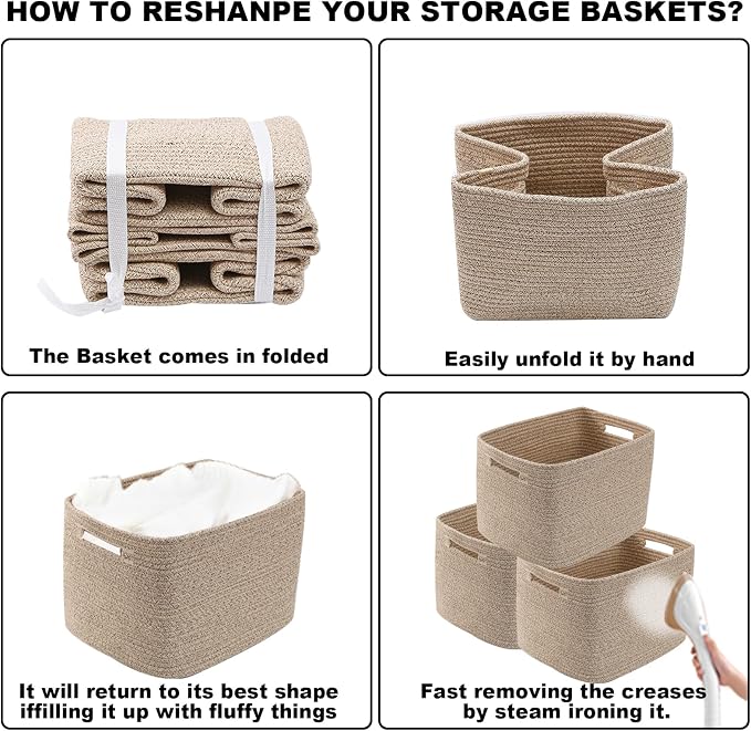 3 Pack Woven Baskets,Storage Baskets for Shelves with Handles | 13.5"×11"×9.5", Closet Baskets, Nursery Organizer for Toys Towels Books, Storage Bin for Living Room Bedroom (White & Grey)