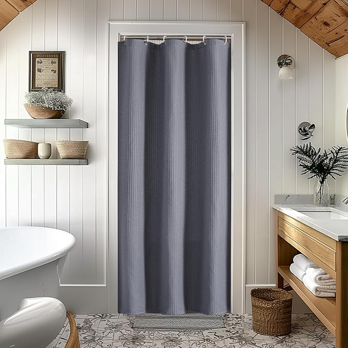 Stall Fabric Shower Curtain Set - 36x72, Waffle Weave 230GSM Heavy Duty Small Stall Shower Curtains for Narrow Stall Size, Machine Washable Bath Curtain with 12 Plastic Hooks, 36x72 Inch, Grey