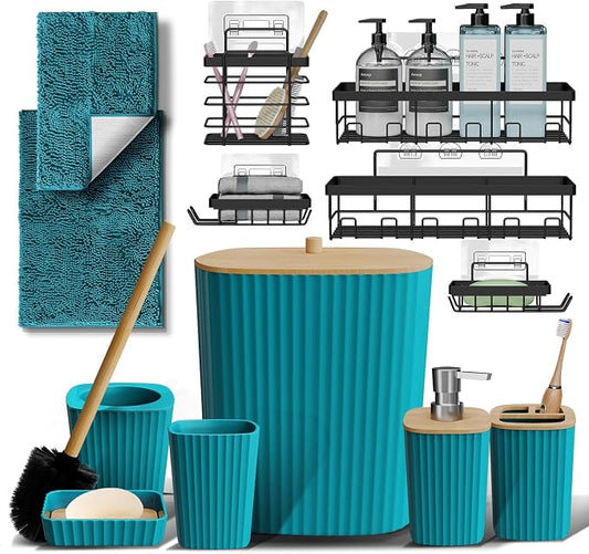 Clara Clark Bathroom Set - Teal Bathroom Accessories Set, 6PC Bathroom Accessory Set, Bathroom Sets with Bathroom Rugs, Adhesive Corner Shower Caddy Hanging, Toilet Brush, Trash Can & Soap Dispenser