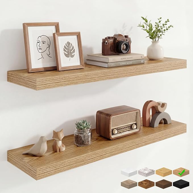 9.25in Depth 36in Floating Shelves, 36x9.25x1.4,Light Brown, Set of 2 | Wall Mounted Engineered Wood Shelves, Invisible Brackets for Living Room, Bedroom, Bathroom, Kitchen Decor and Storage