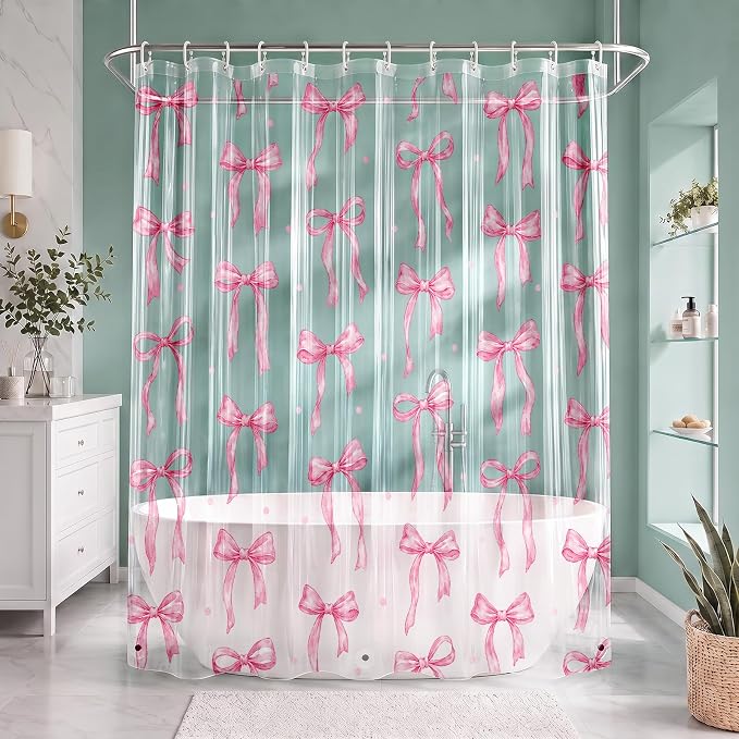 Clear Shower Curtain Liner, Pink Bow Preppy PEVA, 72x72 Inch | Cute Girly Waterproof Bath Plastic Shower Curtains Set with 3 Weighted Magnets and 12 Hooks for Bathroom Decor