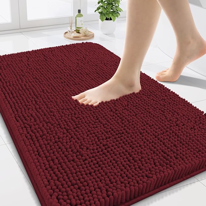 Arotive Bathroom Rugs 24x16, Soft Absorbent Shaggy Chenille Bath Rugs | Burgundy, Machine Washable Rubber Backing Bath Mats for Bathroom Floor Tub and Shower Home Decor Accessories