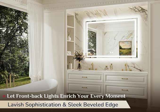 Keonjinn 48 x 36 Inch Beveled LED Bathroom Mirror with Frontlit & Backlit | HD Tempered Glass, Lighted Bathroom Mirror, 3-Color Lights, Fast & Safe Defogging, Stepless Dimmable, Memory Function, CRI90+