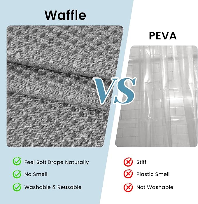 SORTTO No Hook Shower Curtain with Snap in Liner Set Waffle Shower Curtain for Bathroom Hotel Style Fabric Waterproof Inner Liner，71" W x 92" H, Grey