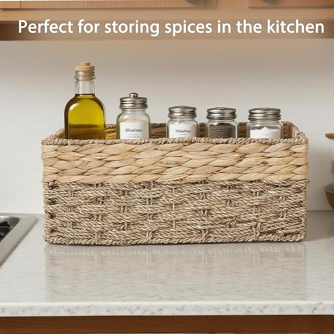 Handmade Water Hyacinth Storage Basket, Woven Basket Organizer with Inner Handles for Home & Office Decor (Medium)